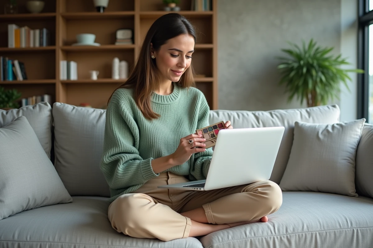 Femme faisant ses achats beauté sur une boutique en ligne depuis son canapé avec une palette de maquillage à la main