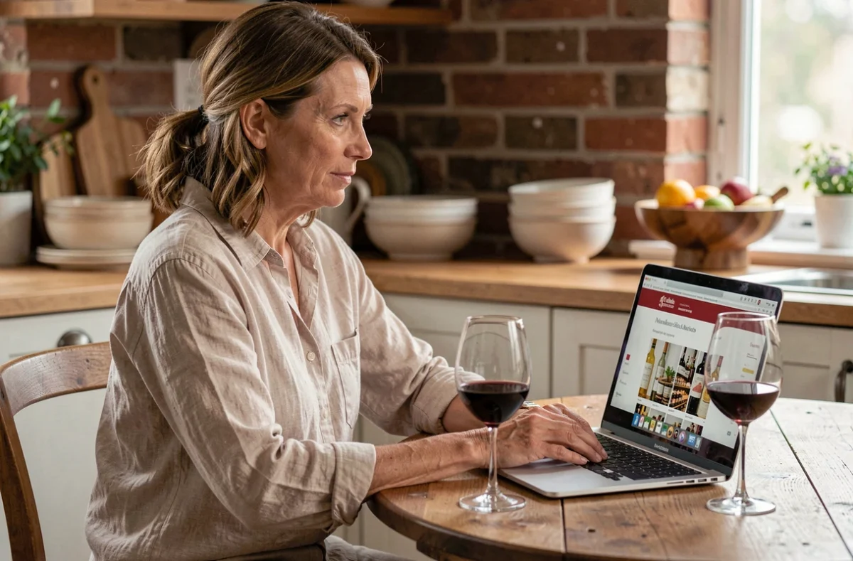 Femme parcourant un site de vente de vin en ligne sur son ordinateur portable, un verre de vin rouge posé à côté, dans une cuisine chaleureuse en brique apparente