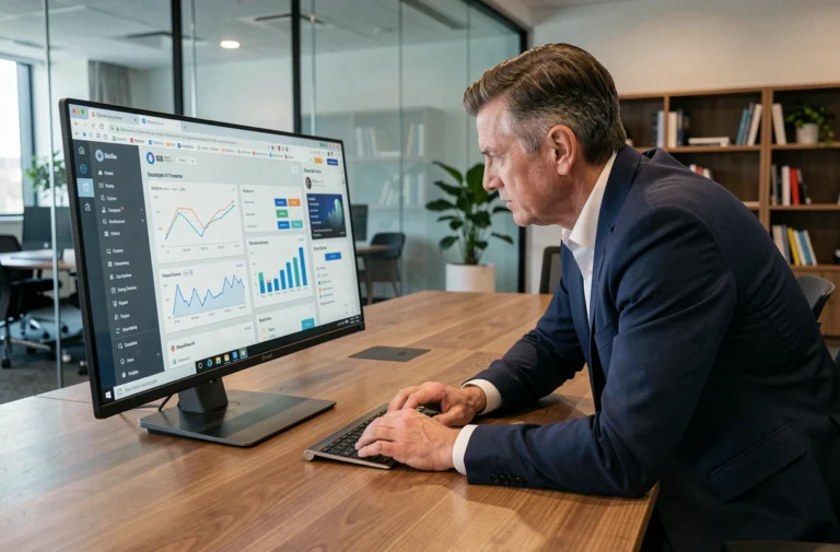 Analyste B2B masculin étudiant des tableaux de bord stratégiques sur un écran ultrawide dans un bureau moderne vitré