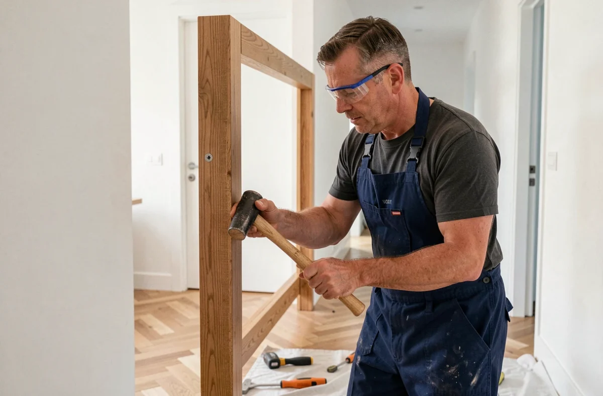 Artisan menuisier installant un cadre de porte en chêne massif dans un couloir moderne rénové