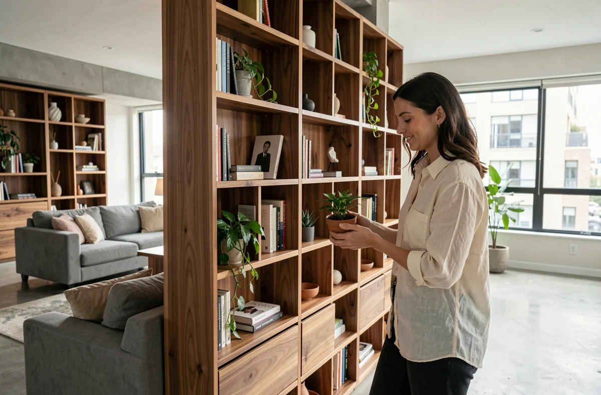 Femme aménageant une bibliothèque encastrée en noyer dans un salon contemporain avec rangements sur mesure