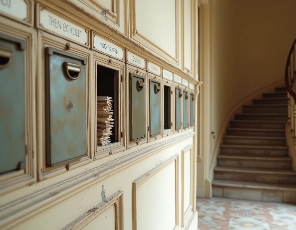 Rangée de boîtes aux lettres métalliques dans l'entrée d'un immeuble haussmannien parisien, l'une d'elles vide symbolisant l'absence de réception du magazine Télé Z