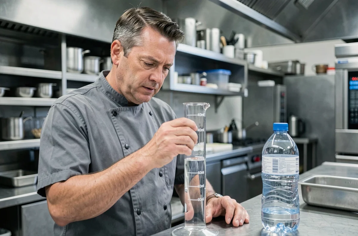 Chef cuisinier mesurant 400 ml de liquide dans une éprouvette graduée dans une cuisine professionnelle pour illustrer la conversion en litre