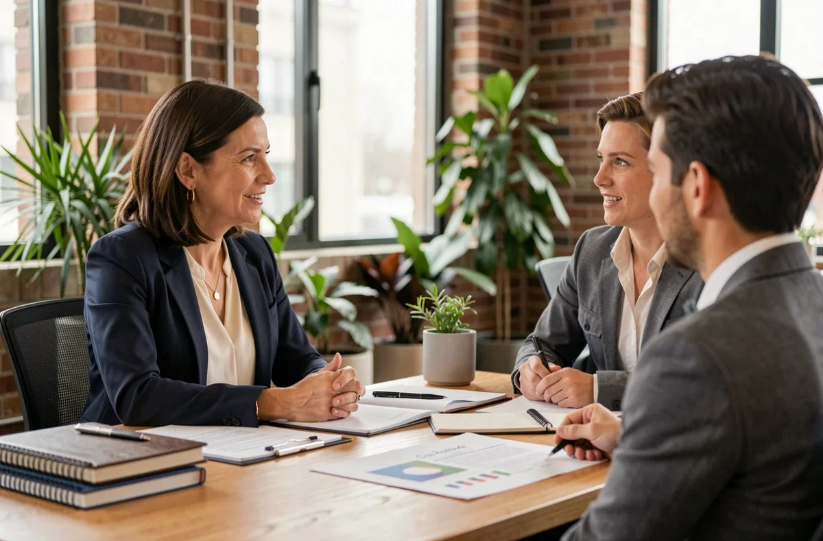 Femme en reconversion professionnelle lors d'une séance de coaching carrière avec une experte dans un espace de travail moderne