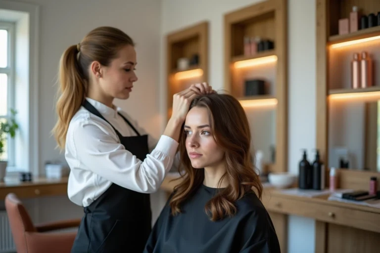 Coiffeuse professionnelle stylisant les cheveux d'une cliente dans un salon de coiffure moderne et élégant