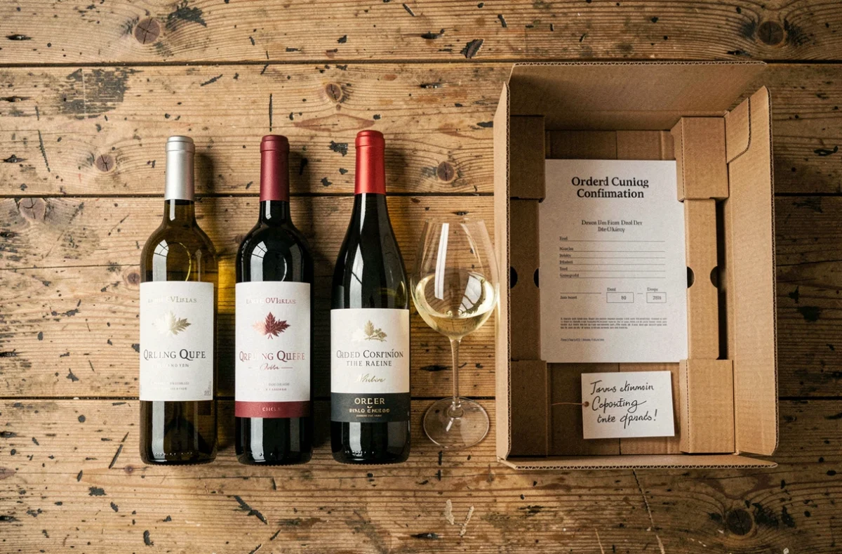 Vue de dessus d'une commande de vin en ligne reçue à domicile avec des bouteilles, un bon de livraison et une boîte d'expédition sur une table en chêne rustique