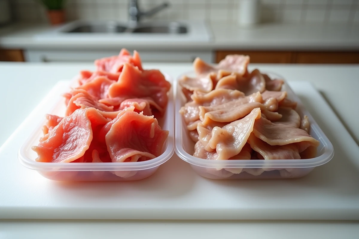Comparaison côte à côte de lardons frais roses et de lardons périmés grisâtres sur une planche en bois, illustration des changements de couleur liés à la péremption