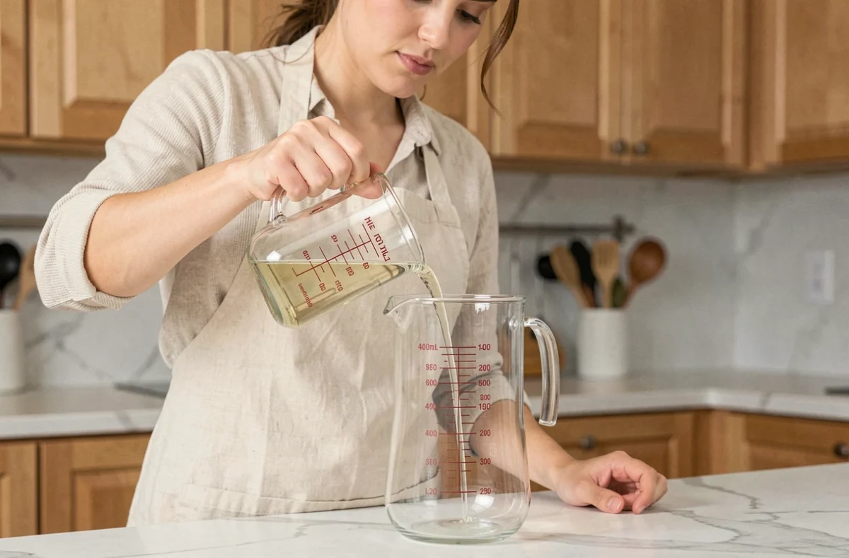 Femme versant 400 ml de liquide dans un pichet gradué d'un litre pour illustrer la conversion ml en litre en cuisine
