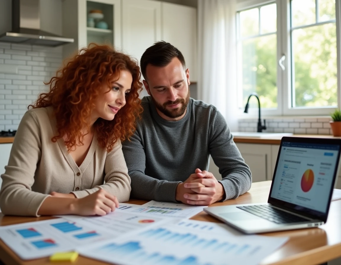 Couple analysant des rapports de prix immobiliers sur une table de cuisine pour estimer le prix de vente de leur maison