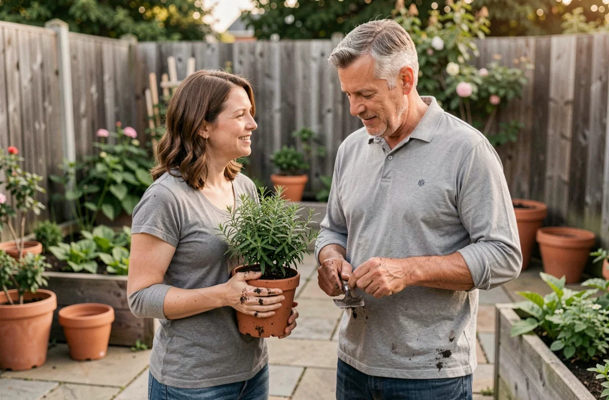 Couple jardinage terrasse maison avec plantes aromatiques et bacs potager, ambiance weekend authentique
