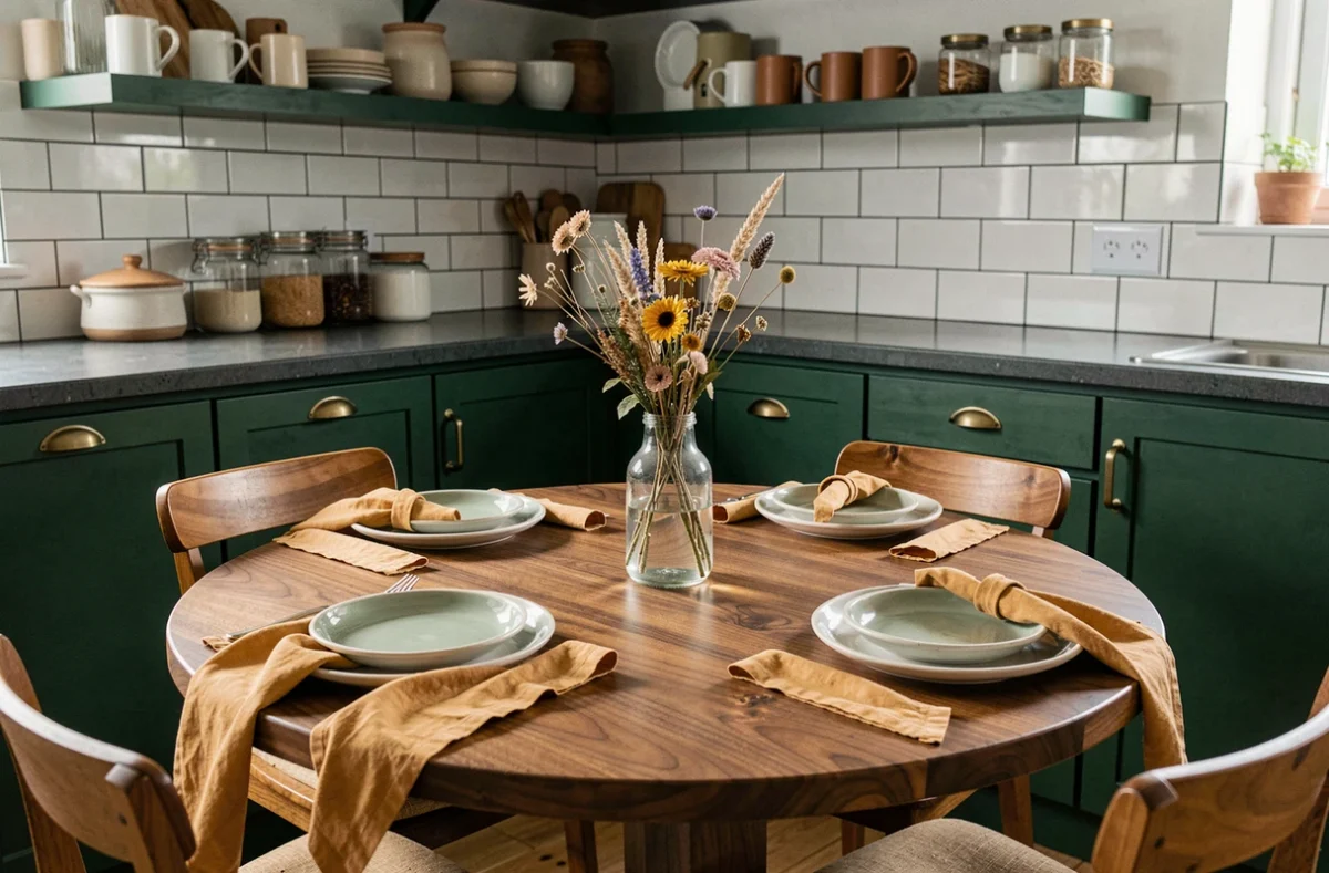 Coin repas de cuisine avec table en noyer, vaisselle artisanale en céramique et étagères vertes pour une déco intérieure authentique