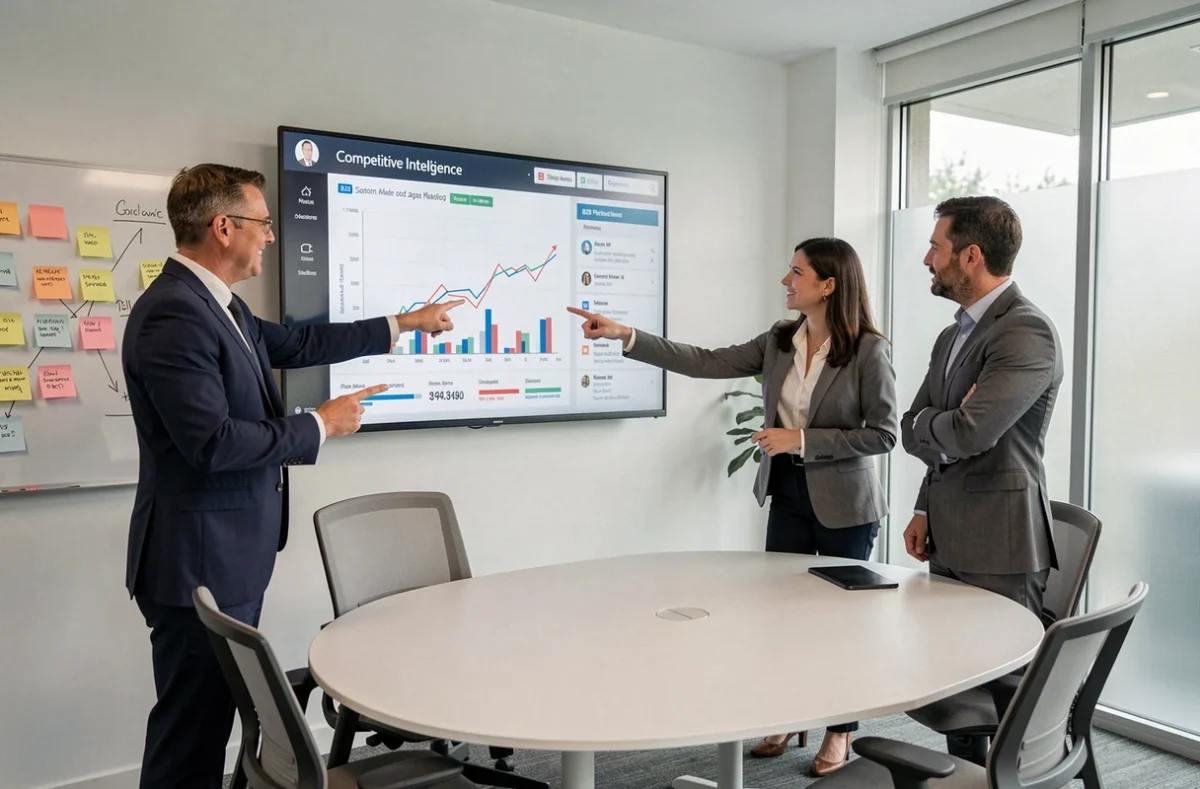 Équipe de trois professionnels analysant des données de veille marché sur un écran interactif lors d'une réunion stratégique