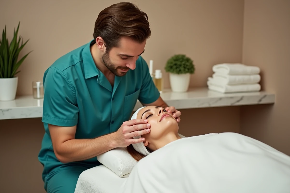 Esthéticien professionnel réalisant un soin du visage dans un spa de beauté apaisant