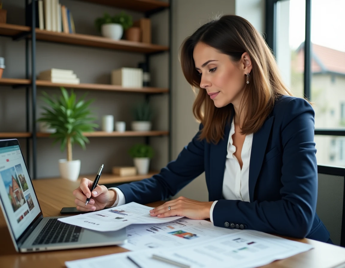 Femme consultant des documents d'estimation immobilière dans un bureau à domicile pour connaître le prix de vente d'une maison