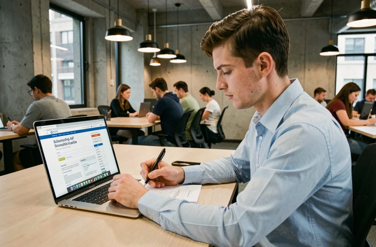 Étudiant remplissant un dossier de demande de bourse dans un espace de coworking universitaire