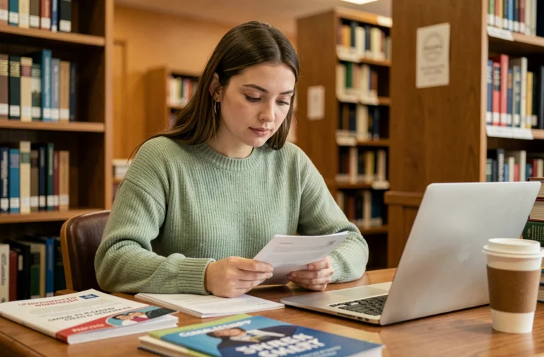 Étudiante consultant des brochures de bourses d'études dans une bibliothèque universitaire