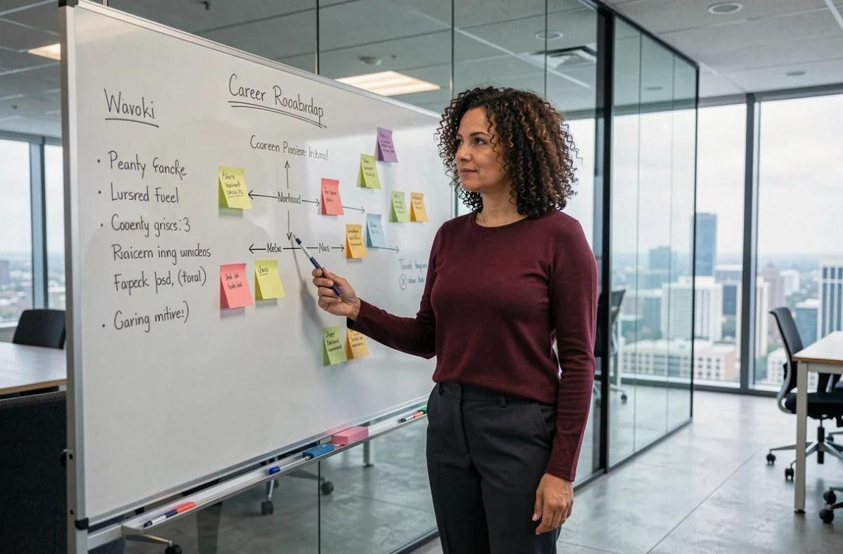 Experte en reconversion professionnelle présentant une feuille de route de carrière sur un tableau blanc dans un bureau moderne