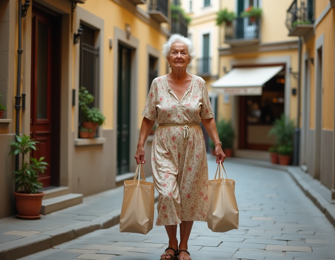Femme âgée rentrant de faire ses courses avec des sacs réutilisables dans une rue de quartier européenne