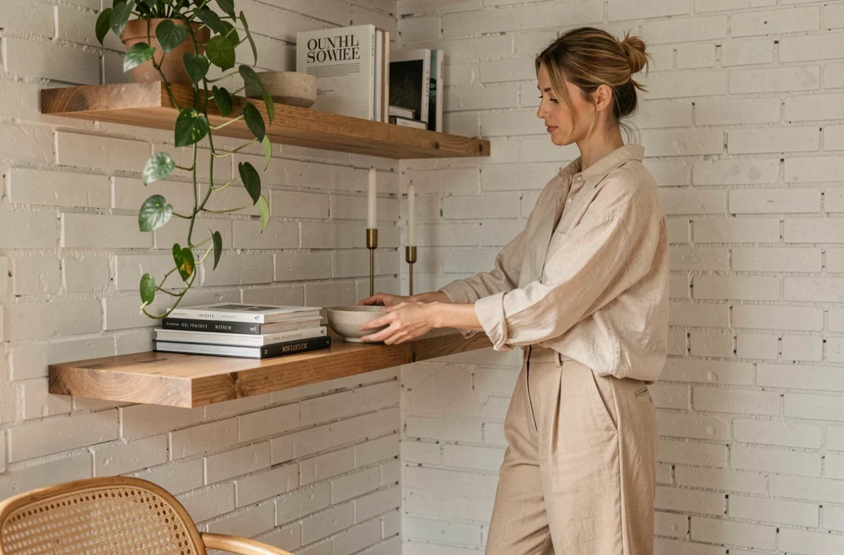 Femme aménageant une étagère décorative dans un bureau à domicile tendance avec objets design et plante verte