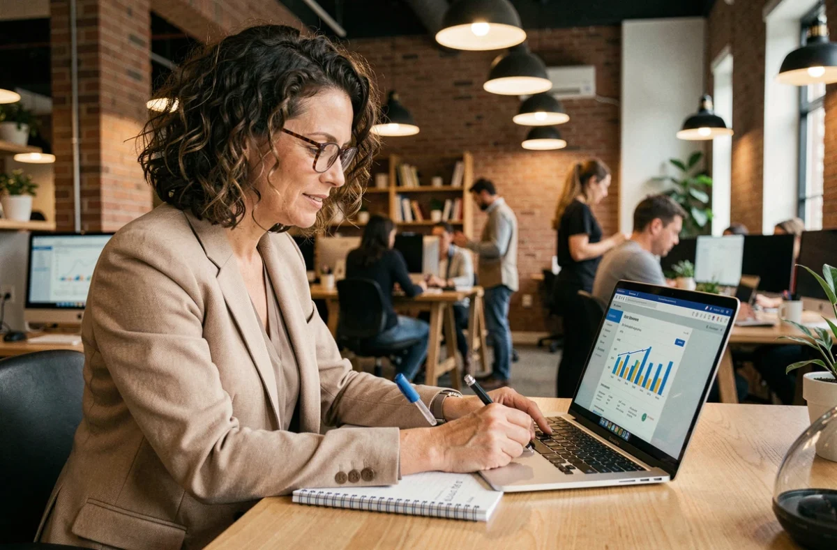 Femme analyste prenant des notes manuscrites tout en consultant une plateforme B2B sur son ordinateur portable dans un espace de coworking