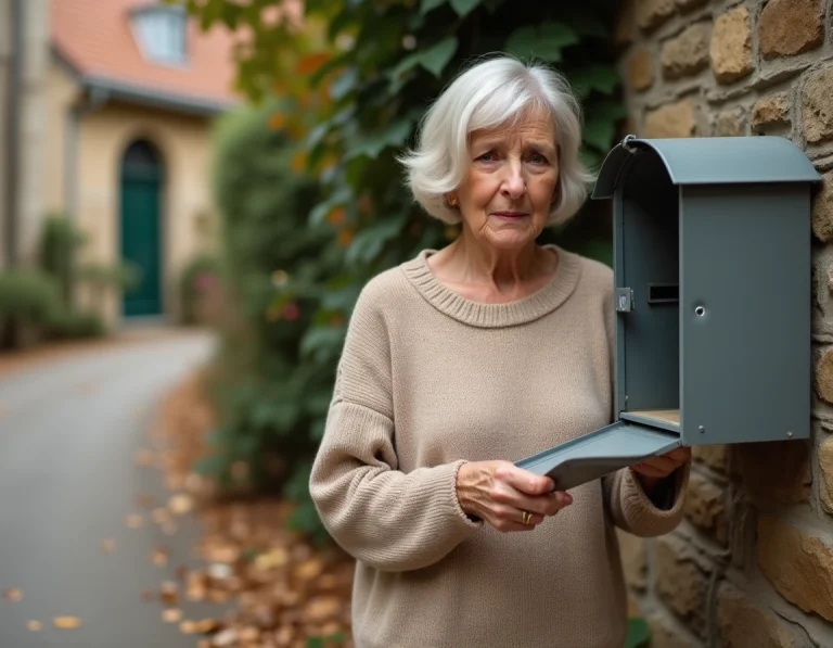 Femme d'âge moyen regardant une boîte aux lettres vide devant une maison de campagne française, illustrant la non-réception du magazine Télé Z
