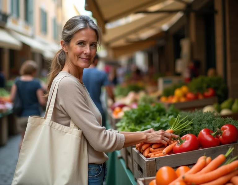 Femme faisant ses courses sur un marché en plein air, sélectionnant des légumes frais avec un panier en toile