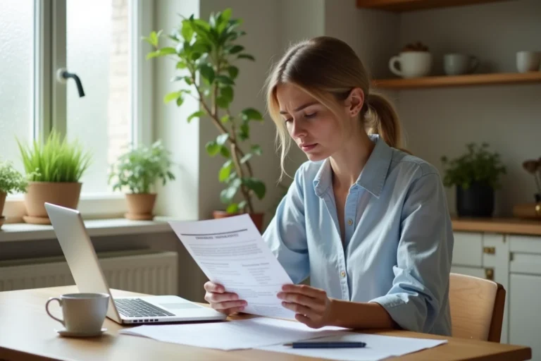 Femme consultant des documents d'assurance Pacifica à la maison pour préparer une demande de remboursement