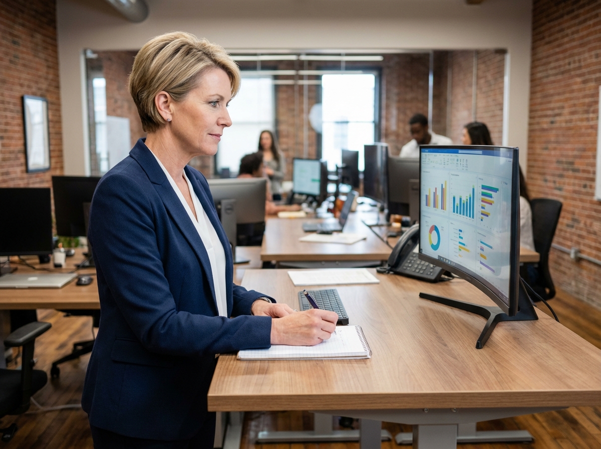 Femme cadre travaillant seule à un bureau debout