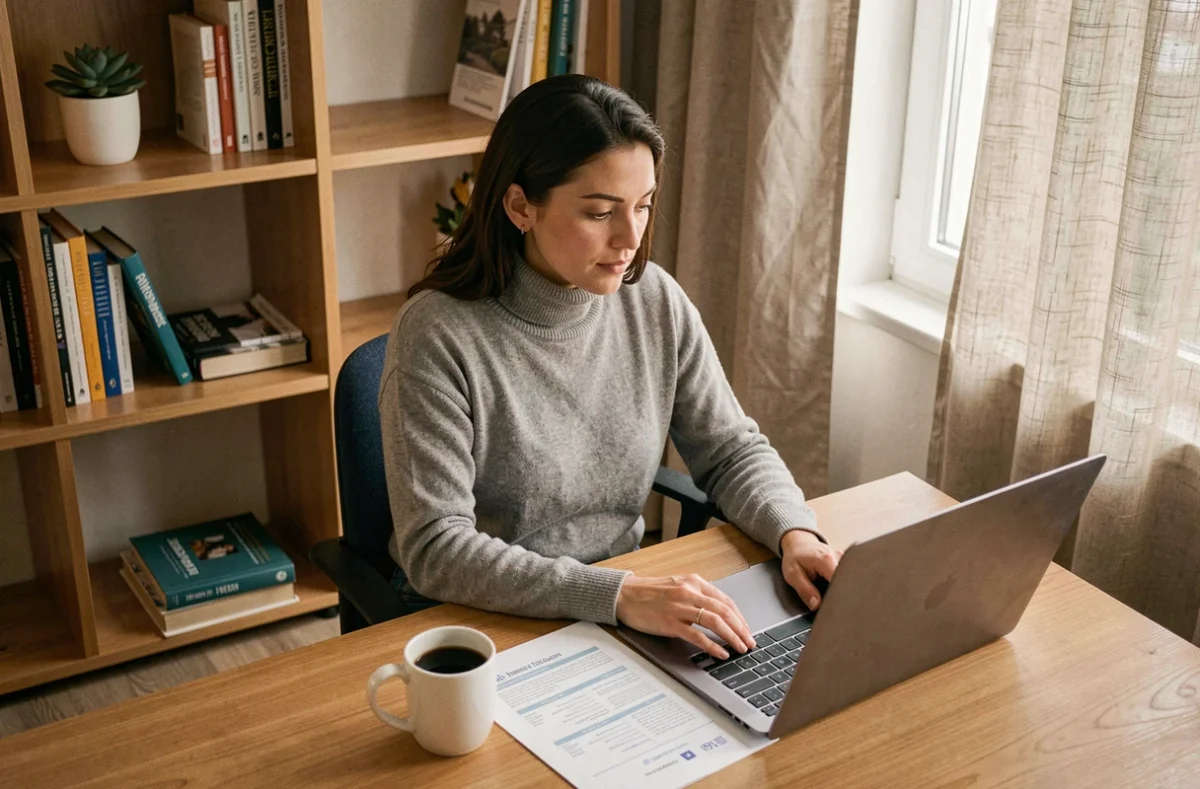 Femme travaillant seule sur sa reconversion professionnelle à domicile avec un CV et un ordinateur portable ouvert
