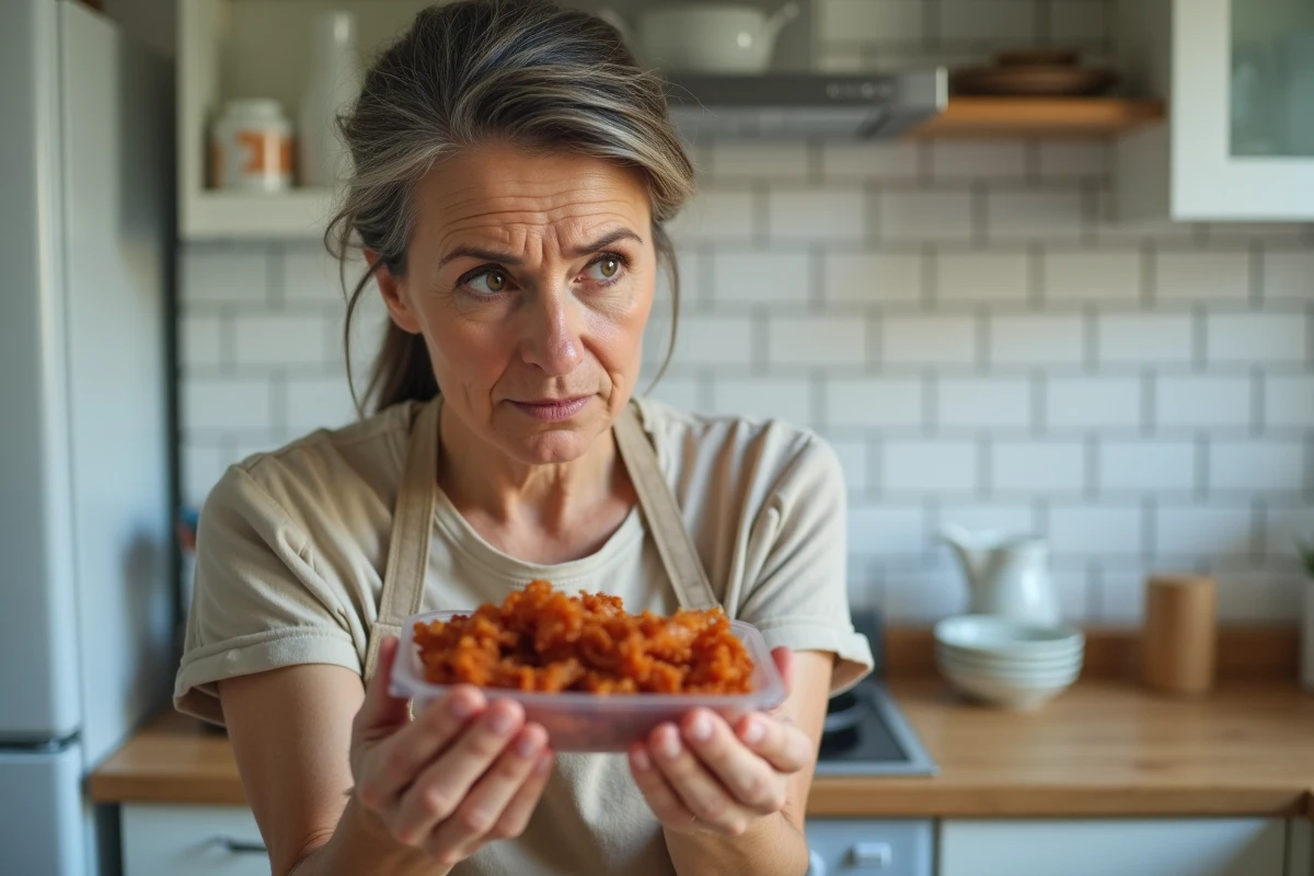Femme inspectant attentivement une barquette de lardons pour vérifier leur fraîcheur, expression dubitative face à une possible péremption
