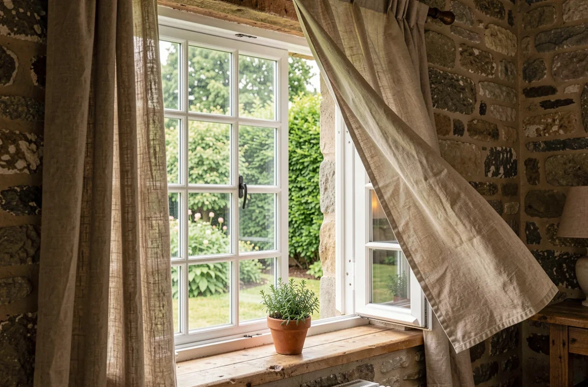 Fenêtre française en PVC blanc multi-panneaux ouverte sur un jardin verdoyant dans une maison en pierre rénovée