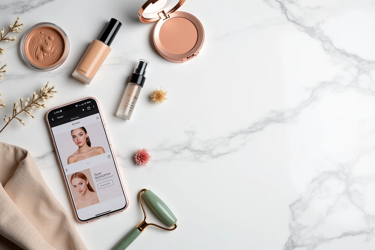 Flat lay de produits cosmétiques tendance sur marbre blanc avec smartphone affichant une boutique beauté en ligne