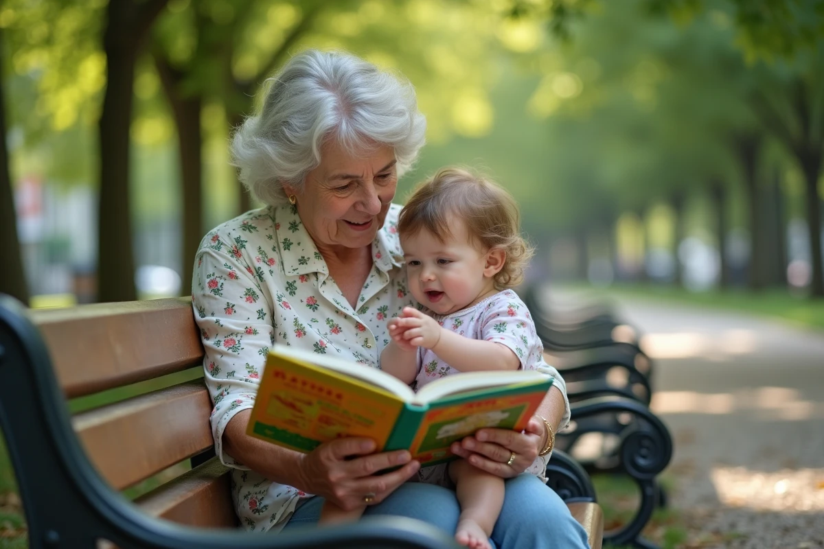 Grand-mère lisant un livre illustré à son petit-enfant dans un parc, favorisant l'éveil au langage et la complicité intergénérationnelle