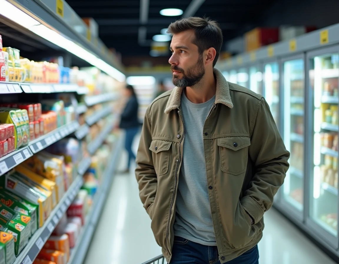 Homme poussant un caddie dans un supermarché moderne lors de ses courses hebdomadaires