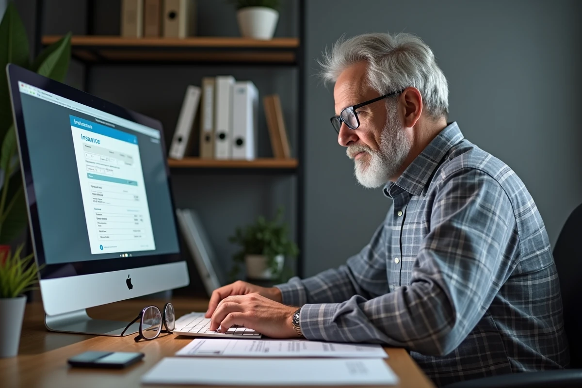 Homme remplissant un formulaire de remboursement Pacifica en ligne depuis son bureau à domicile