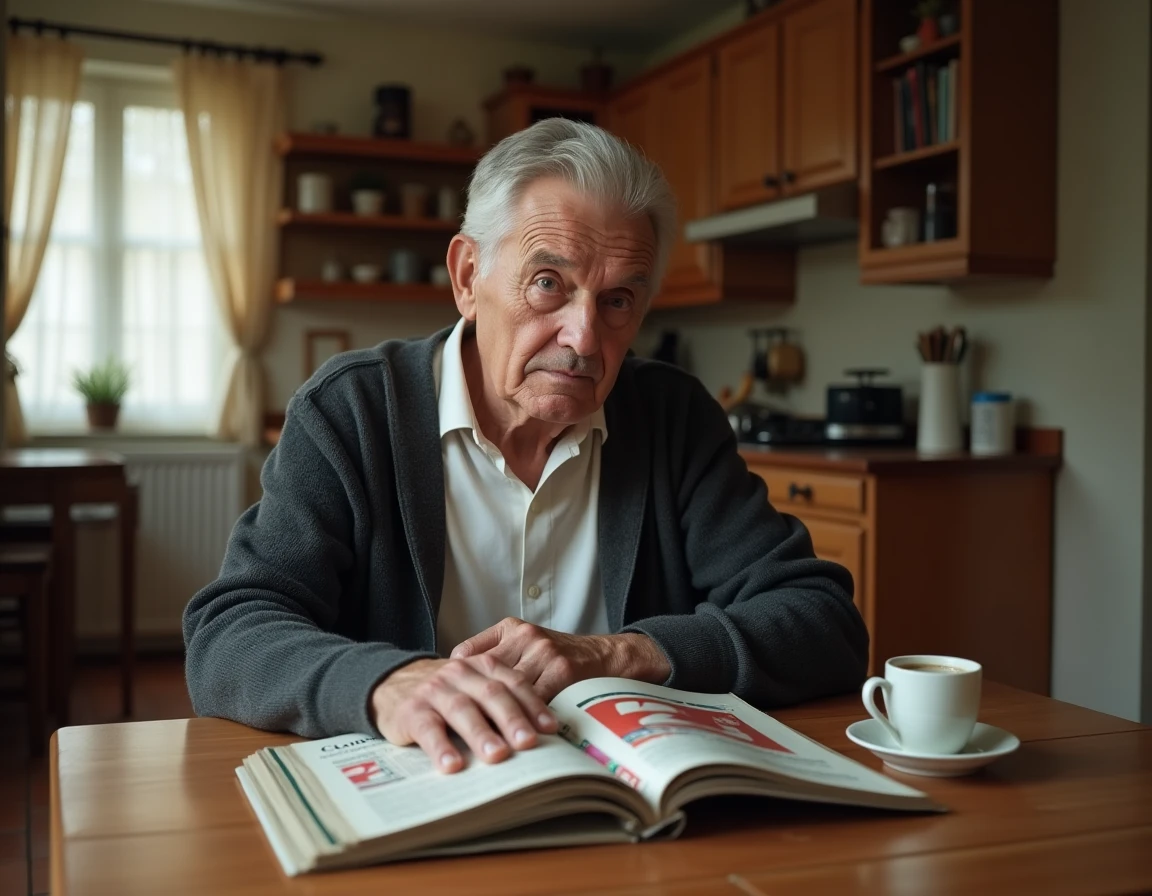 Homme senior assis à une table de cuisine française examinant d'anciens numéros du magazine Télé Z, évoquant l'arrêt de la livraison postale