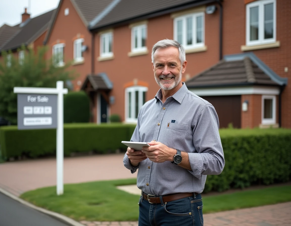 Homme consultant une application immobilière sur tablette devant une maison à vendre pour évaluer son prix de vente