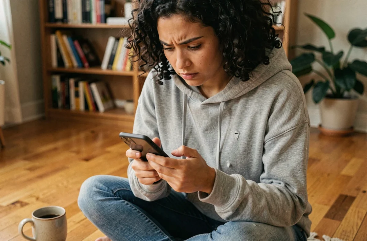 Jeune femme consultant les actualités et tendances du moment sur son smartphone dans un appartement cosy