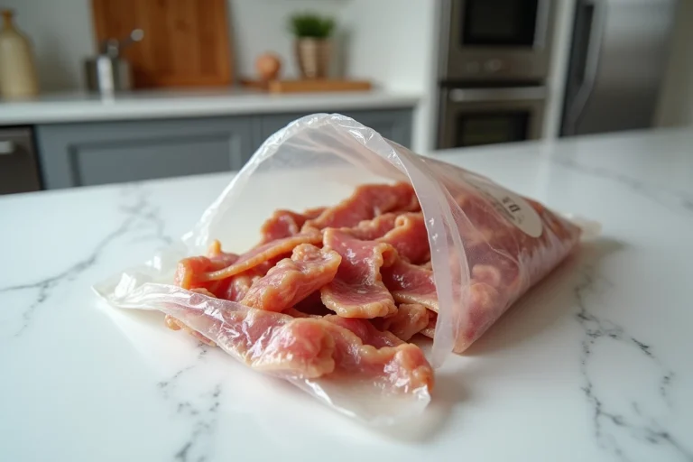 Barquette de lardons périmés ouverte sur un plan de travail en marbre, montrant une décoloration grisâtre et une texture terne caractéristique de viande avariée
