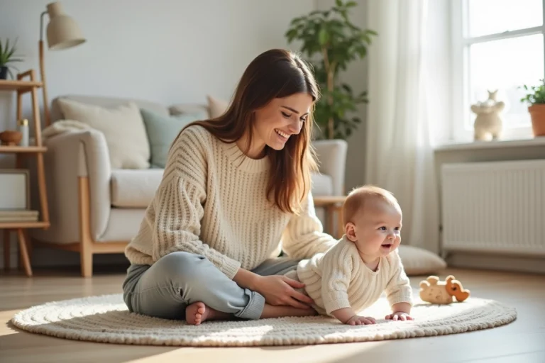 Mère accompagnant son bébé dans ses exercices de développement moteur sur un tapis en laine dans un salon scandinave