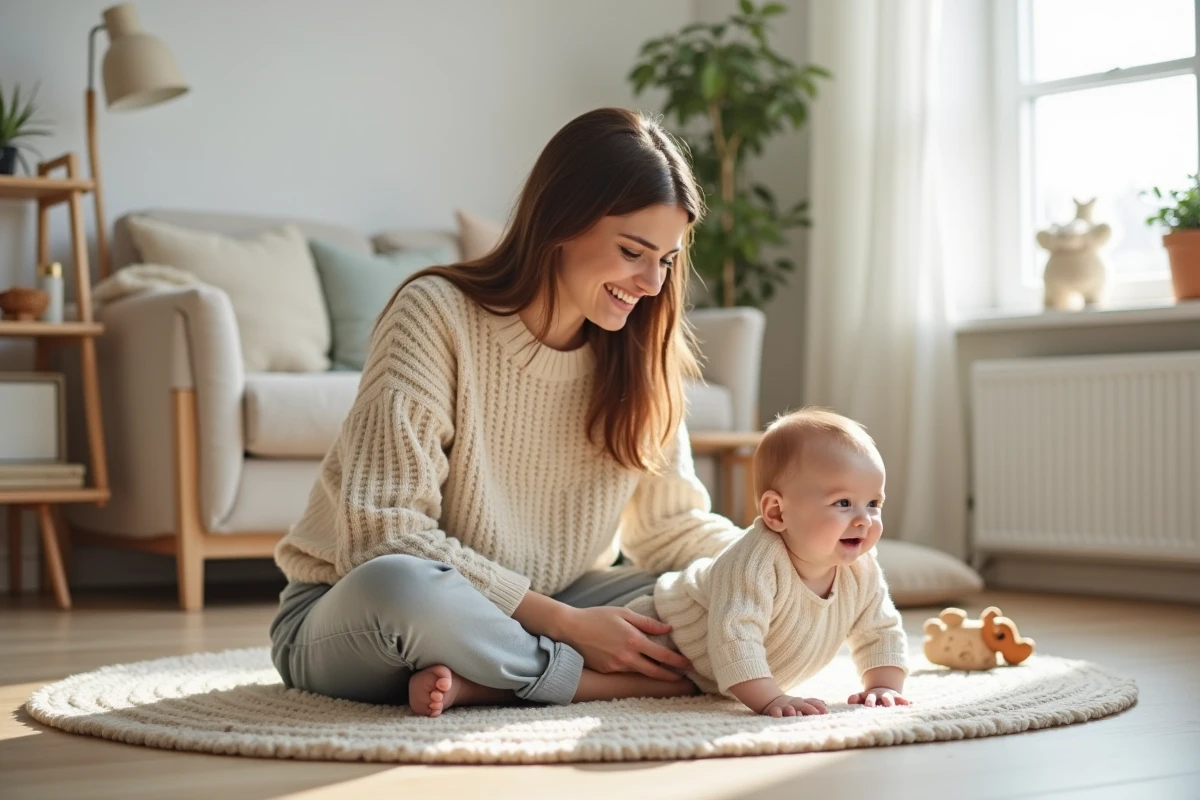 Mère accompagnant son bébé dans ses exercices de développement moteur sur un tapis en laine dans un salon scandinave