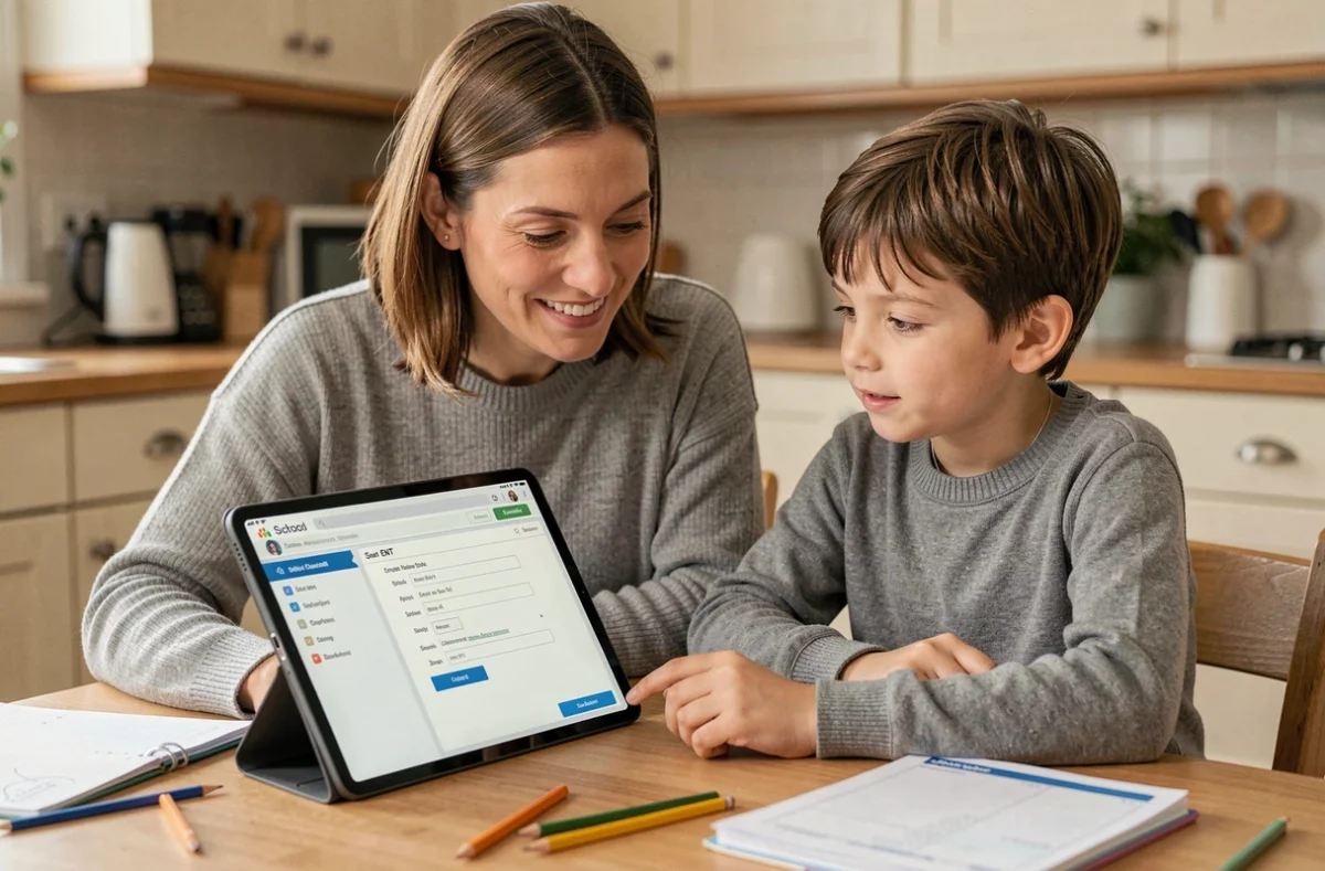 Mère accompagnant son enfant pour l'activation du compte ENT sur une tablette à la maison