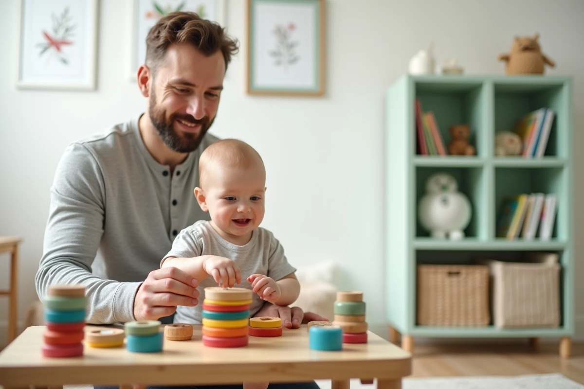 Père jouant avec son bébé à des jeux d'éveil et de motricité fine dans une chambre de bébé décorée avec soin