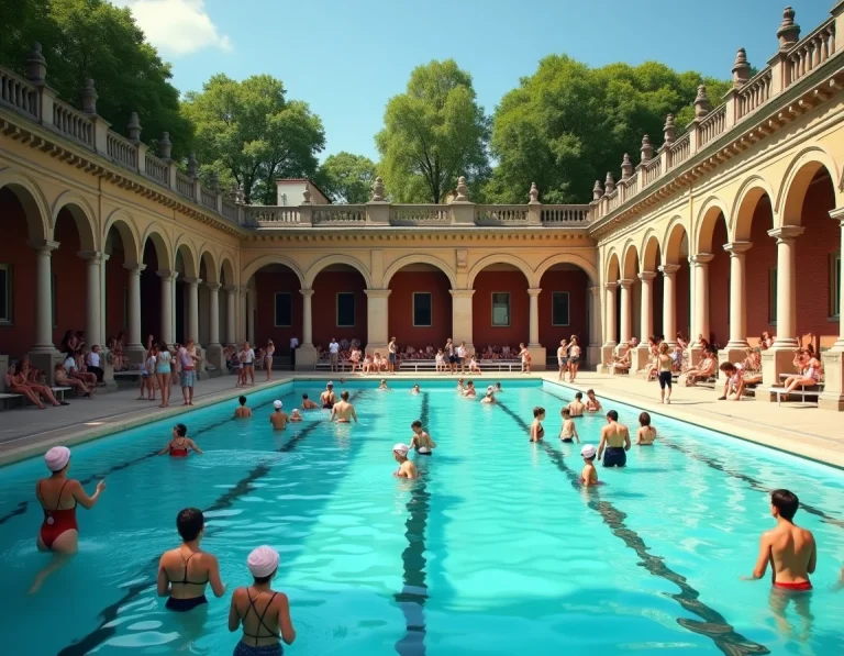 Vue panoramique de la piscine extérieure de la Butte aux Cailles à Paris avec des nageurs respectant les règles vestimentaires