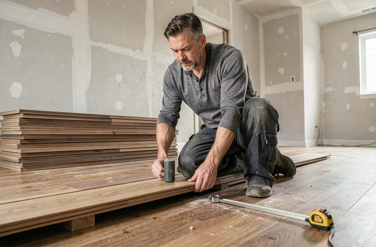 Homme posant un parquet flottant en bois dans un salon en cours de rénovation, vue grand angle au sol