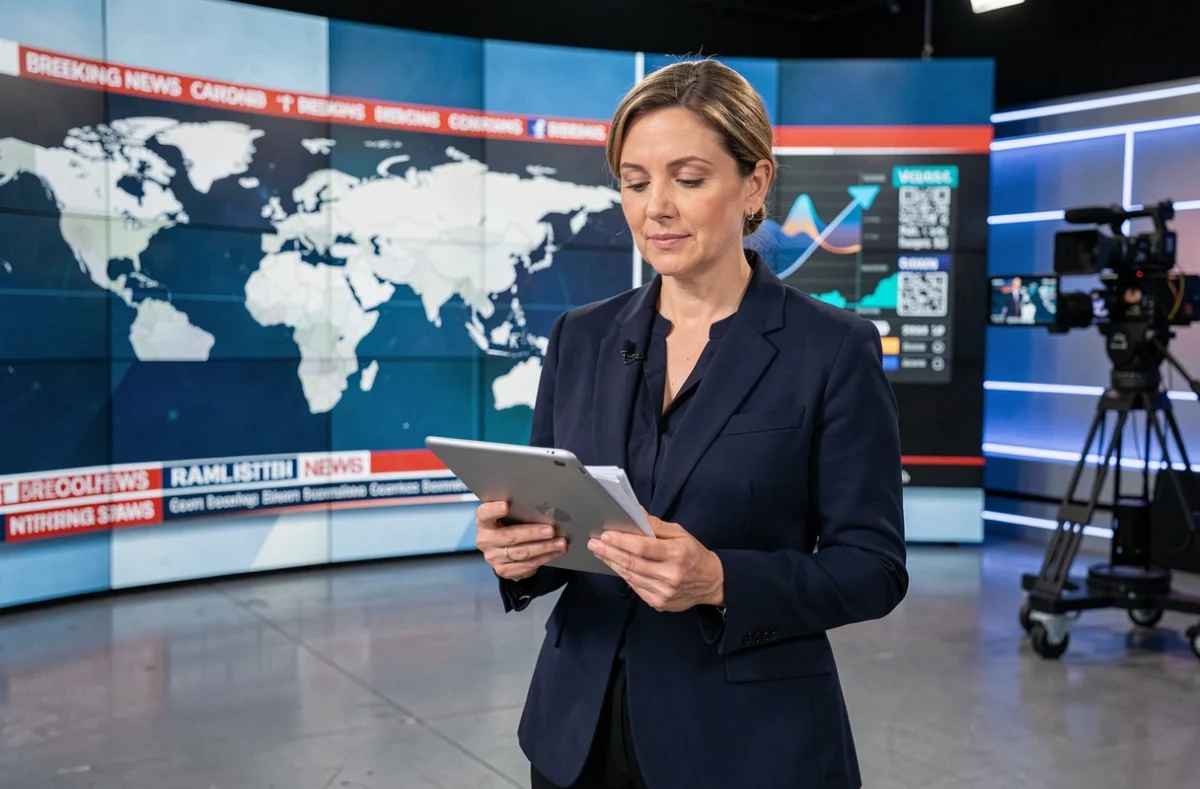 Présentatrice de journal télévisé devant un mur d'écrans LED avec des graphiques d'informations en direct