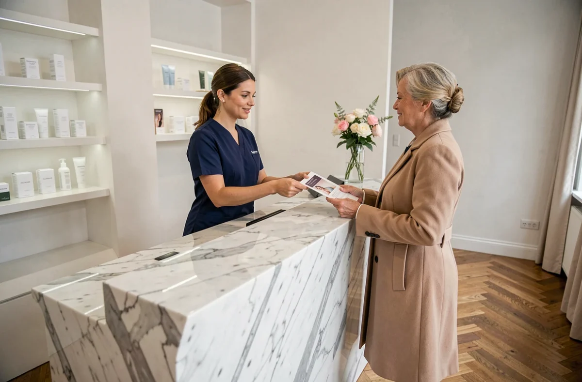 Réception d'un institut de beauté haut de gamme à Paris avec une cliente consultant les prestations disponibles