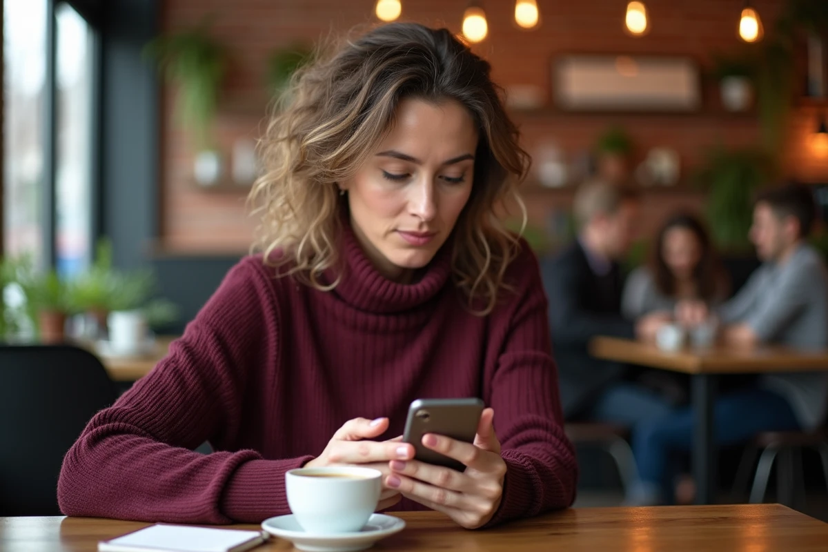 Femme recherchant des professionnels de la beauté sur son smartphone dans un café urbain