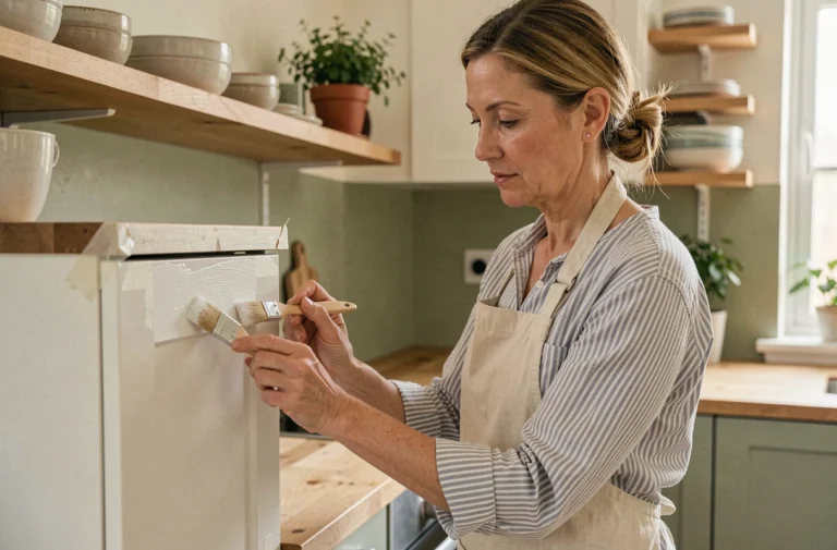 Femme renovant un meuble de cuisine en appliquant de la peinture blanche avec soin, ambiance maison authentique