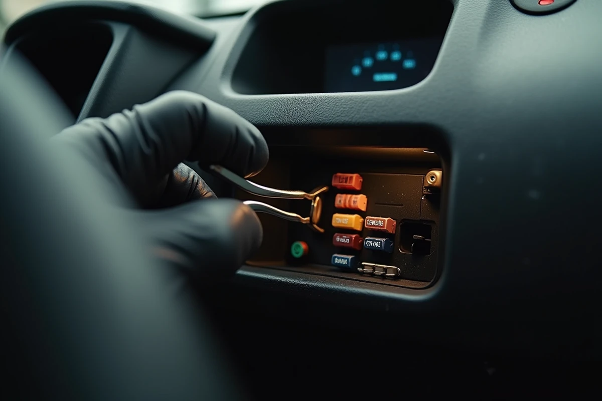 Main gantée retirant un fusible du boîtier BSI d'une Peugeot 307 HDI pour effectuer une réinitialisation complète du calculateur